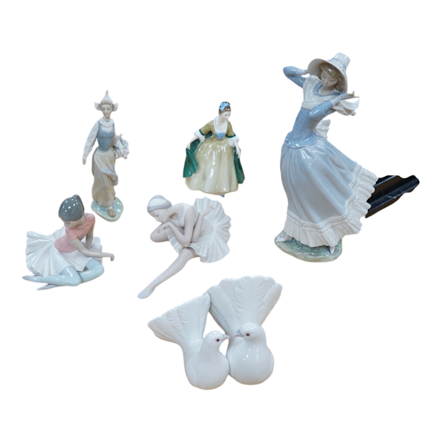 Five Lladro figurines and birds together with a Royal Doulton figure ‘Elegance’, HN2264, largest 36cm high. Condition - good